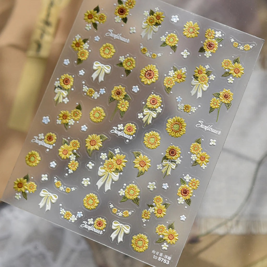 5D Floral Nail Stickers | Sunflower & Daisy Self-Adhesive Decals Nail Art Stickers QXL