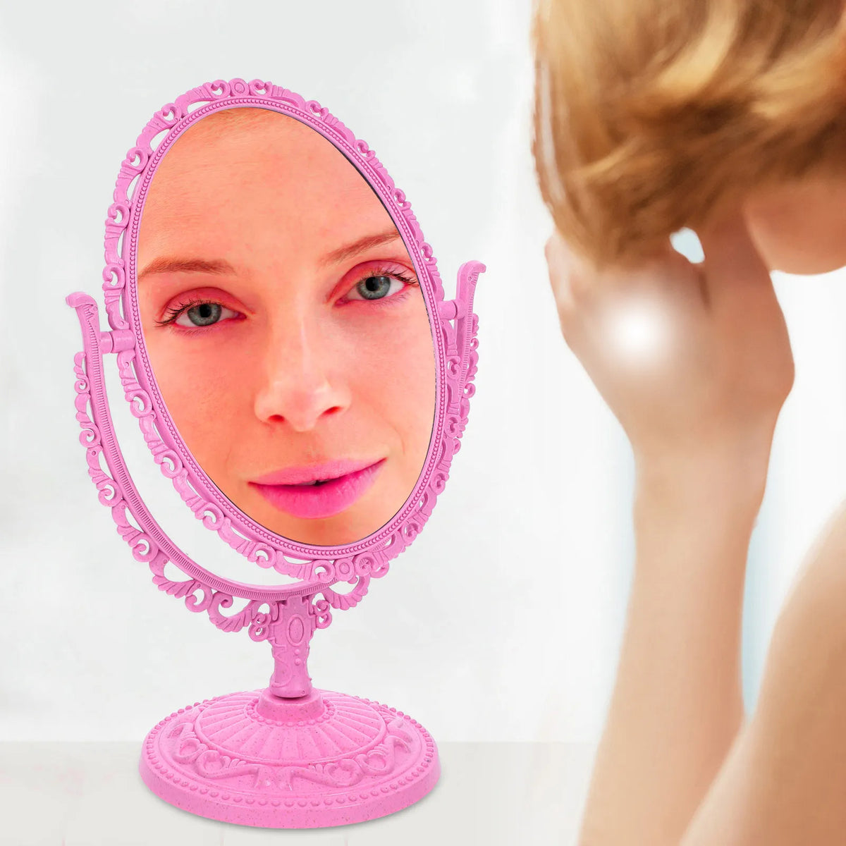 Oval Pink Vanity Mirror | 2X Magnifying, 360° Rotation, Tabletop Tabletop Vanity Mirror QXL Default Title