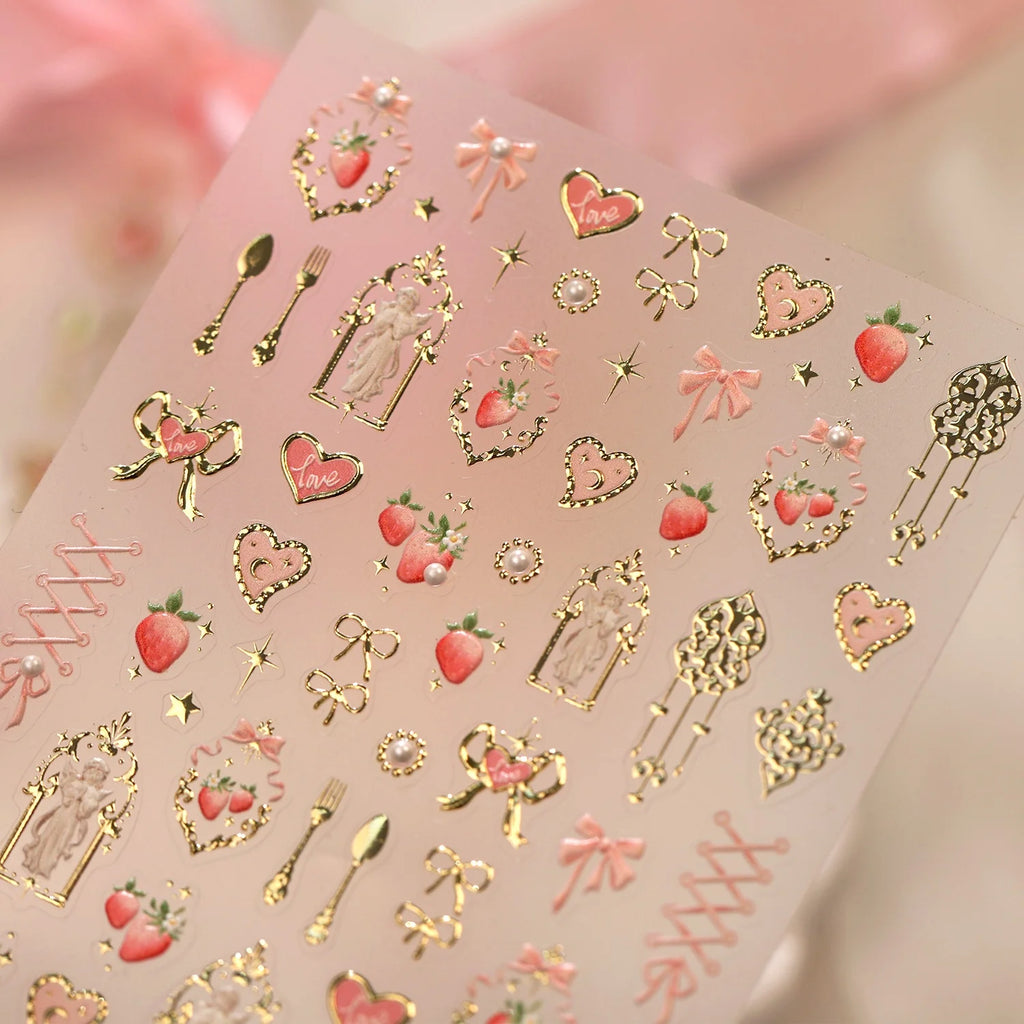 5D Sweet Dessert Nail Stickers | Gold, Strawberry & Bow Decals Nail Art Stickers QXL