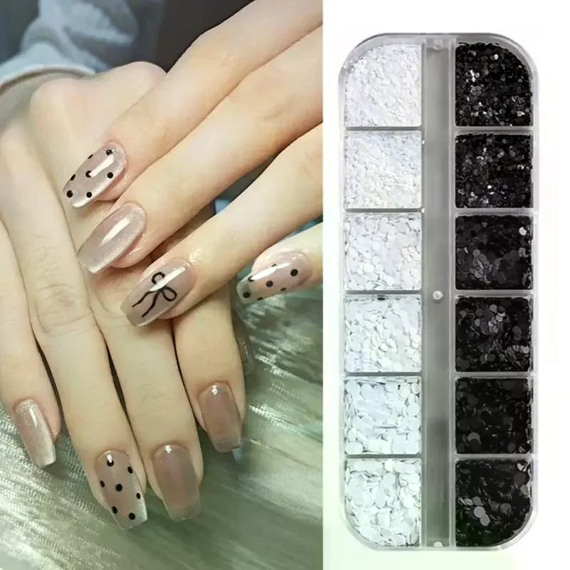 12-Grid Black & White Polka Dot Nail Glitter Sequins Set Nail Art Sequins QXL