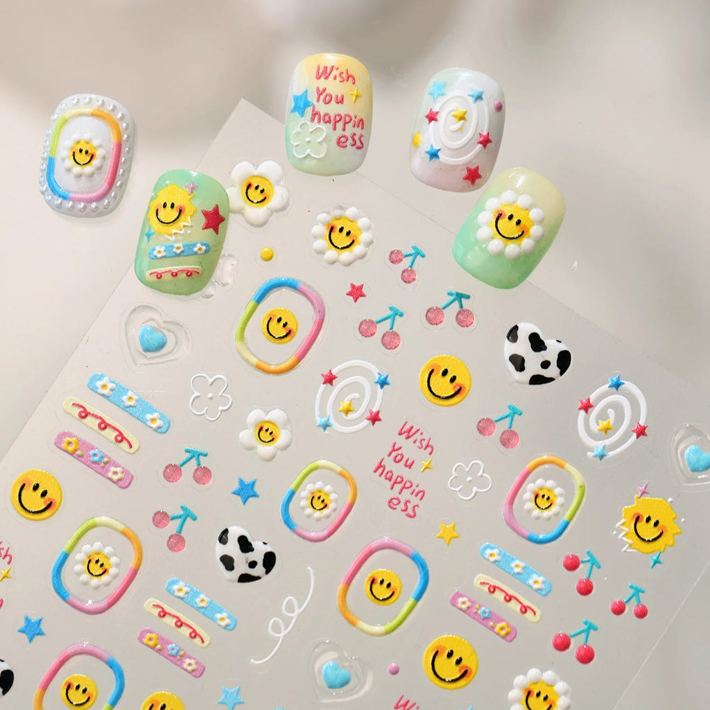 5D Nail Stickers – Smile Face, Cow Print & Daisy Decals Nail Art Stickers QXL