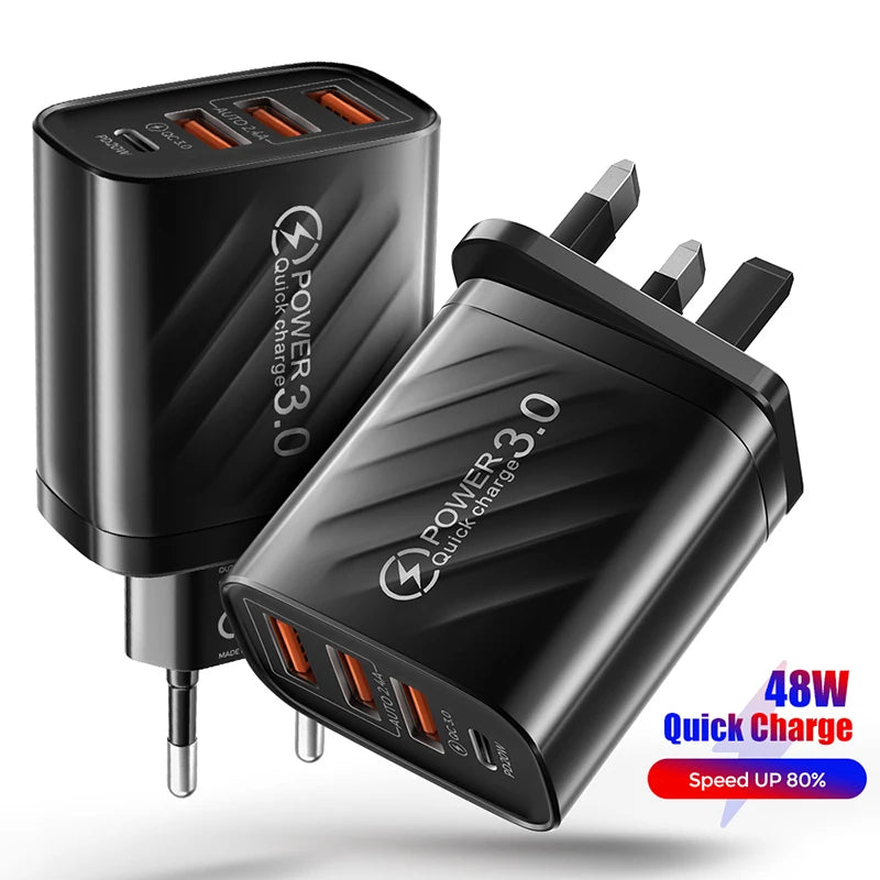 48W USB-C PD & USB-A Fast Wall Charger | EU/US/UK Plug Fast Wall Charger QXL