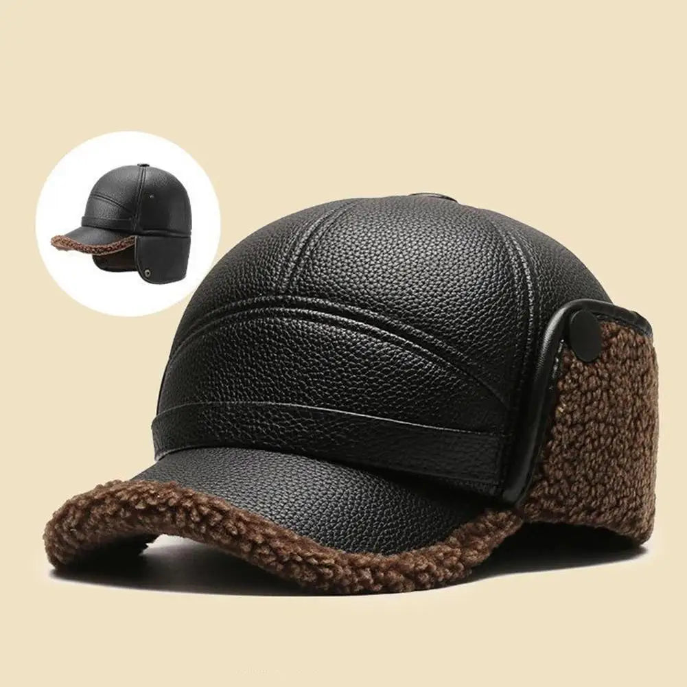 Men's Winter PU Leather Bomber Hat with Earflaps | Warm Cap Winter Bomber Hat QXL