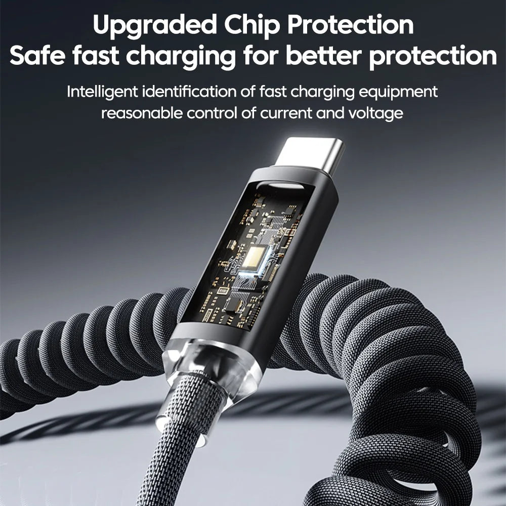 120W Retractable USB-C Fast Charge Spring Car Charger Cable USB-C Charger Cable QXL