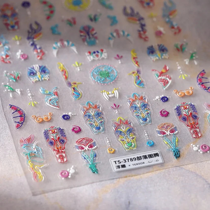 5D Embossed Animal Totem Nail Stickers – Owl Wolf Elk Nail Art Stickers QXL