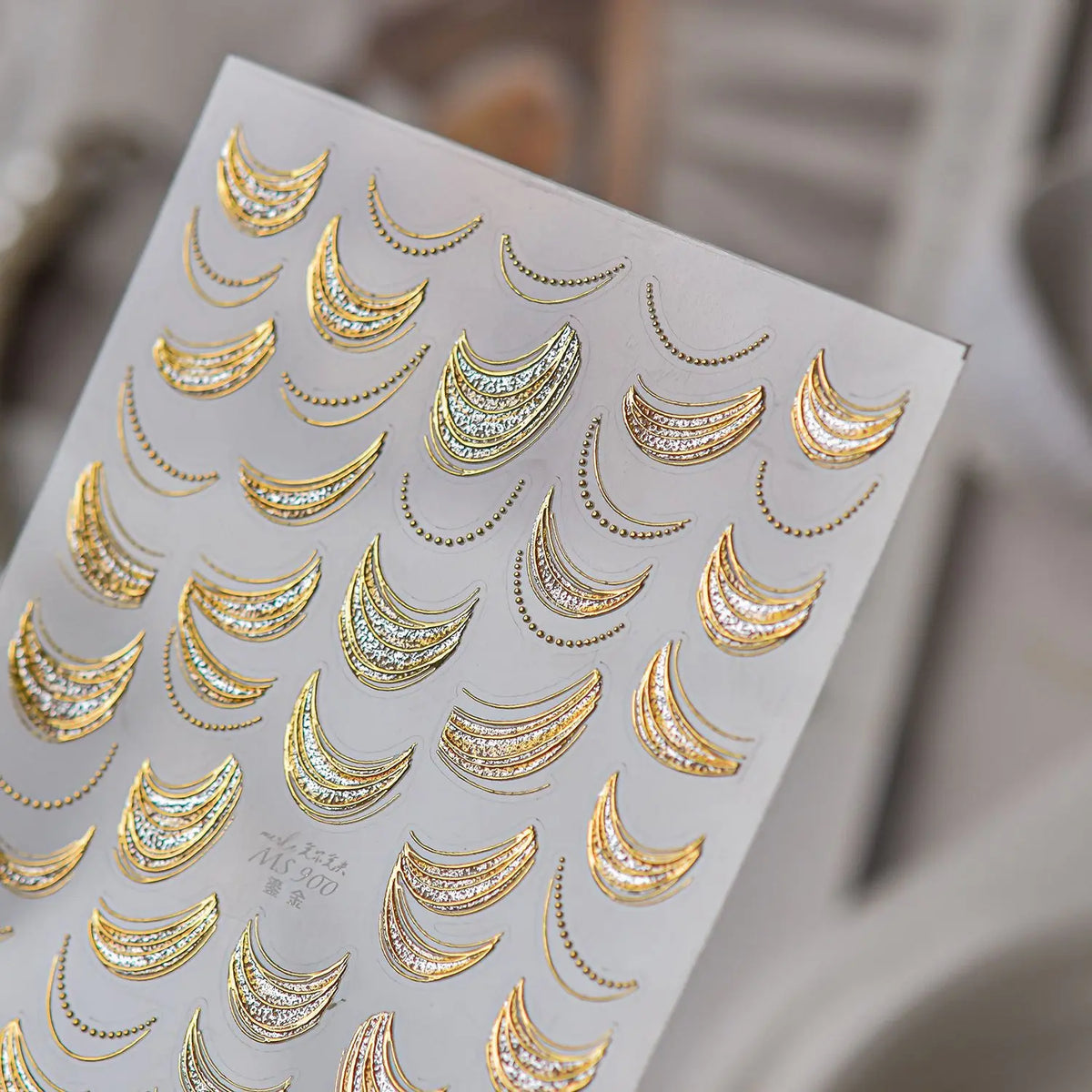 5D French Nail Stickers | Gold Border Crescent Bead Chain Decals Nail Art Stickers QXL
