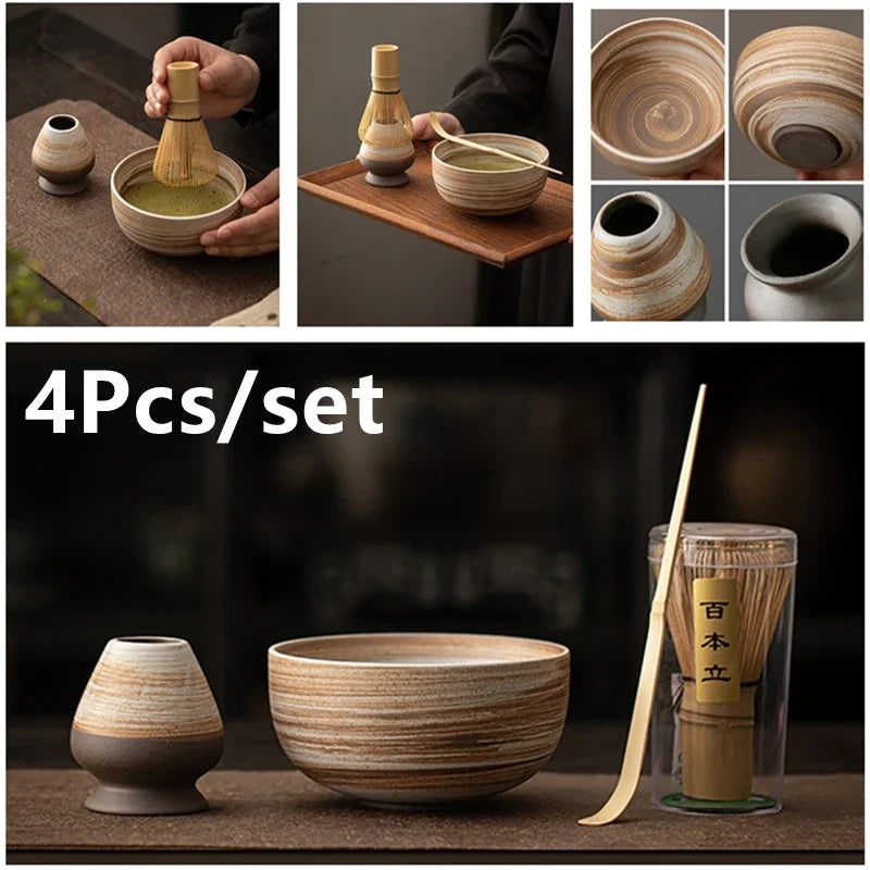 4-Piece Matcha Whisk Set – Ceramic Bowl, Bamboo Brush & Stand Matcha Tea Set QXL