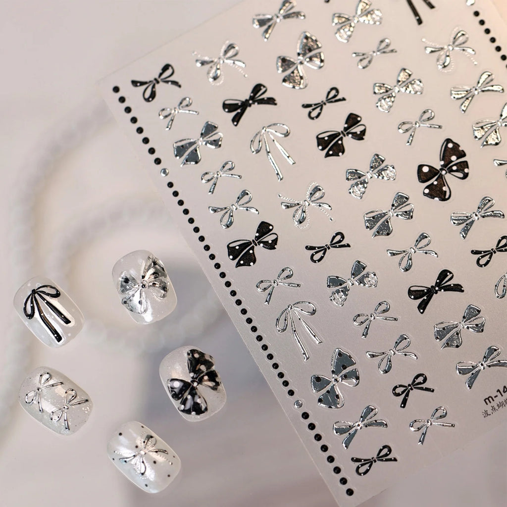 5D Bow Nail Stickers Y2K Polka Dot Silver Embossed Decals Nail Art Stickers QXL