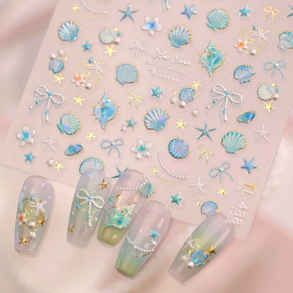 Blue Seashell 5D Nail Stickers | Ocean Starfish Pearl Decals Nail Stickers QXL