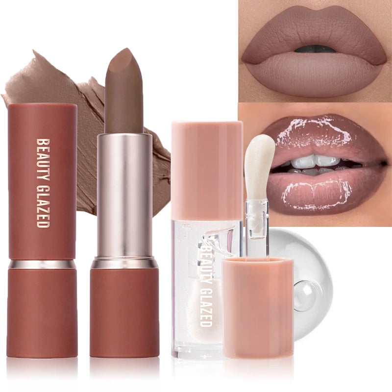 Beauty Glazed Matte Brown Lipstick & Lip Gloss Set | 2-Pc Kit Lip Gloss & Lipstick QXL 101 101