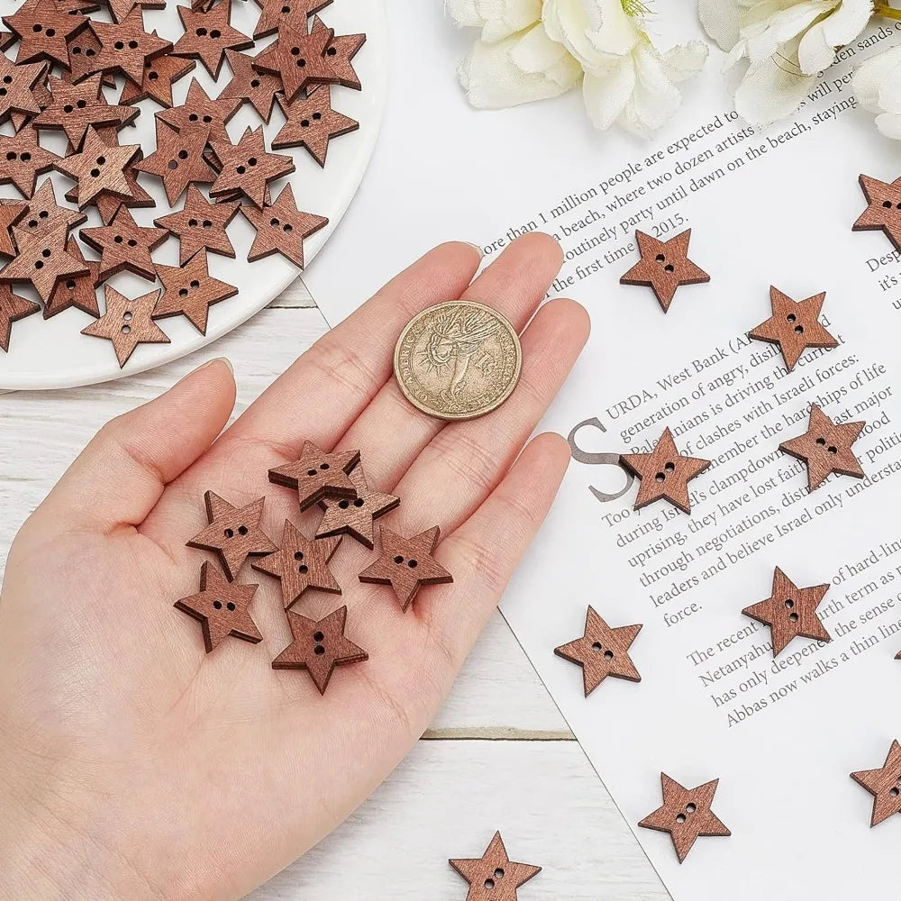 100-Pack Wooden Star Buttons | Vintage 2-Hole Sewing Craft Craft Buttons QXL