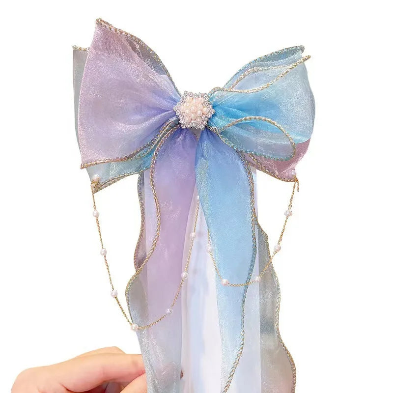 Mesh Bow Hair Clips for Girls – Faux Pearl Tassel Decoration Kids Hair Clip QXL