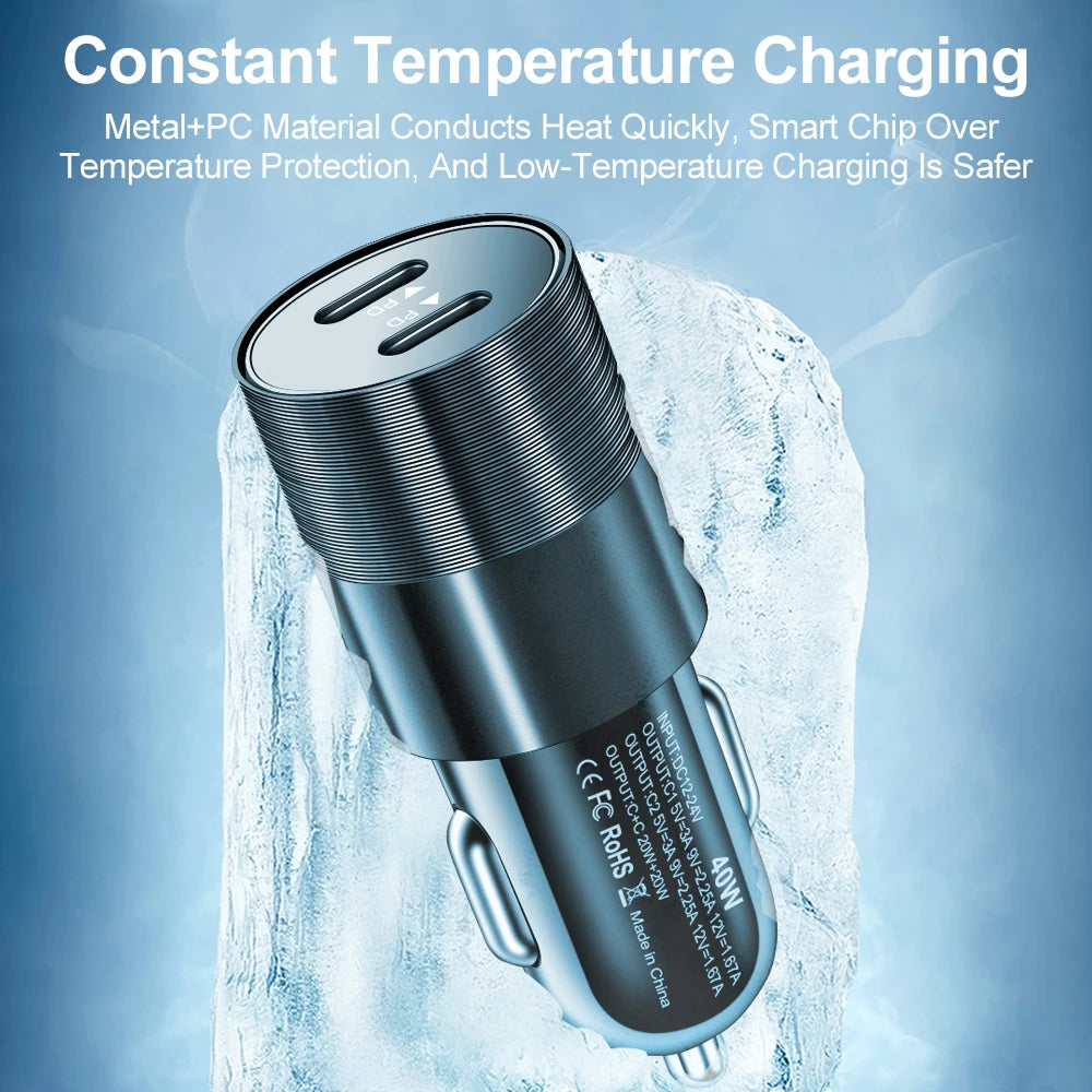 60W Dual USB-C Car Charger | PD Fast Charging Adapter USB-C Car Charger QXL