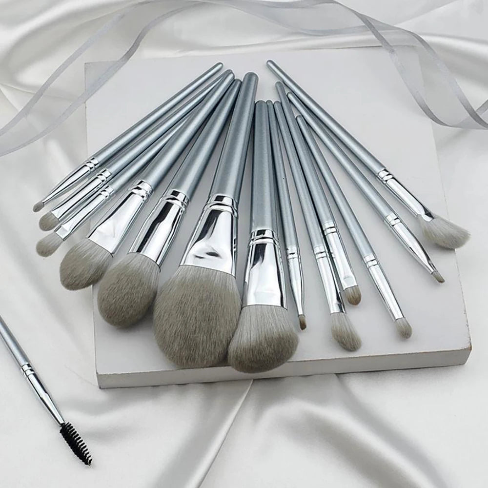 14-Piece Silver Makeup Brush Set | Face & Eye Brushes Makeup Brush Set QXL
