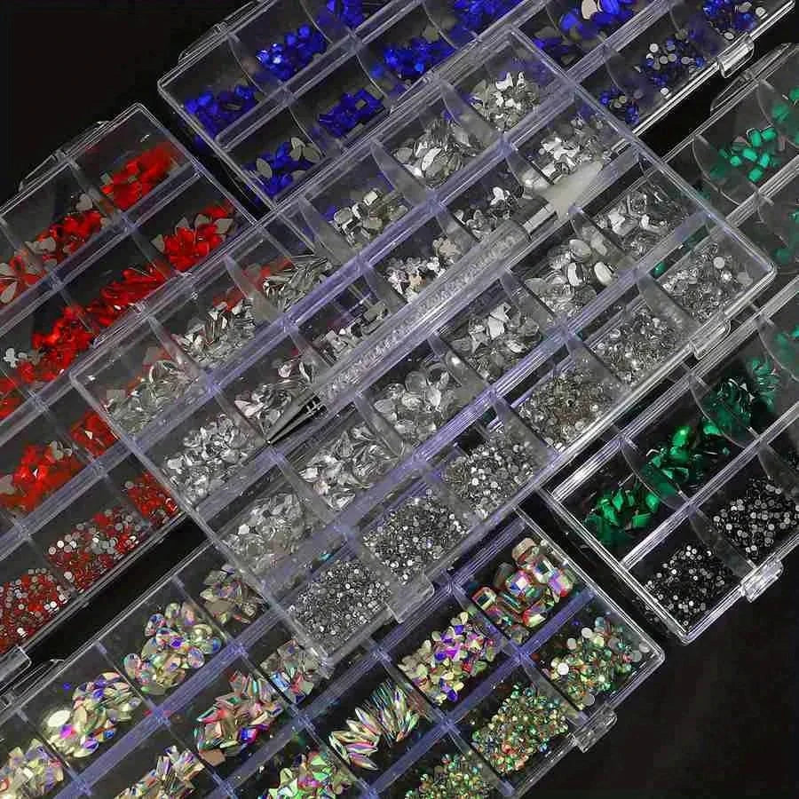2460-Pc Nail Rhinestones Set | Pink Clear AB Crystal Gems 24 Grid Nail Art Rhinestones QXL