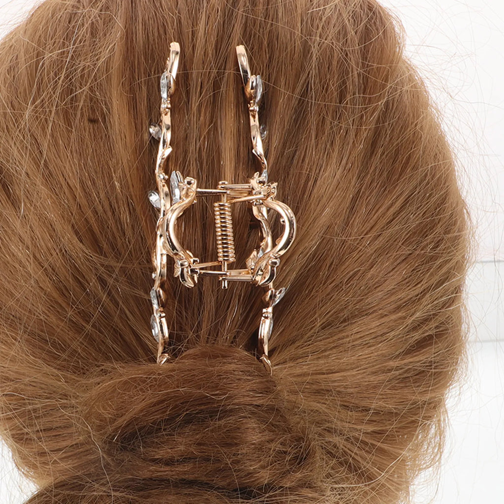2-Pack Leaf Rhinestone Hair Claw Clips | Crystal Alloy Bun Grip Rhinestone Hair Clips QXL