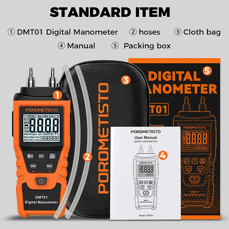 POROMETISTO DMT01 Digital Manometer | 12-Unit Dual Port Gauge Digital Manometer QXL DMT01