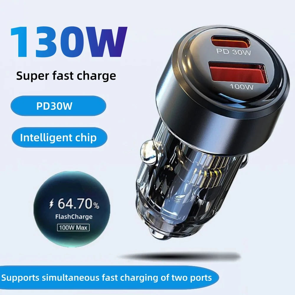 130W Mini Car Charger QC3.0 USB-C PD Fast Charging Car Charger Adapter QXL