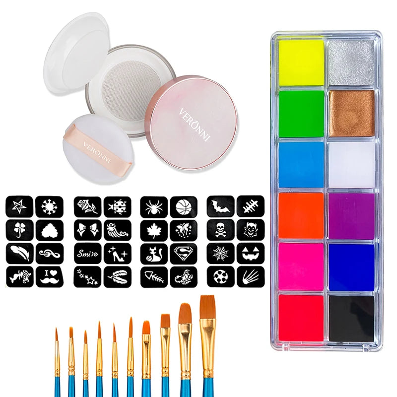 VERONNI 12-Color UV Blacklight Glow Face & Body Paint Palette UV Glow Body Paint QXL 4pcs-10brush-01