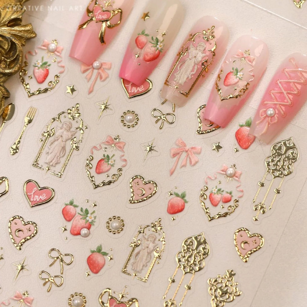 5D Sweet Dessert Nail Stickers | Gold, Strawberry & Bow Decals Nail Art Stickers QXL