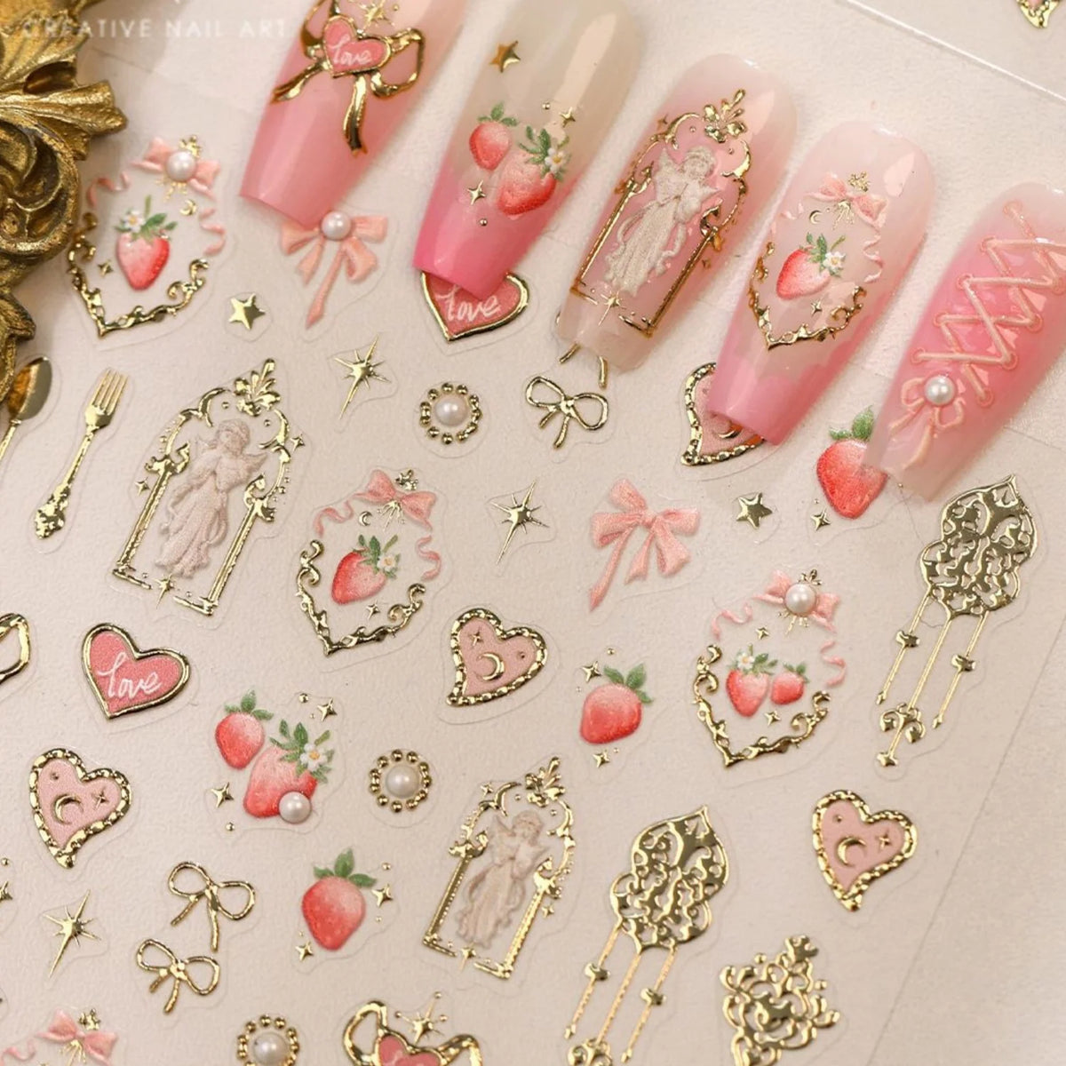 5D Sweet Dessert Nail Stickers | Gold, Strawberry & Bow Decals Nail Art Stickers QXL