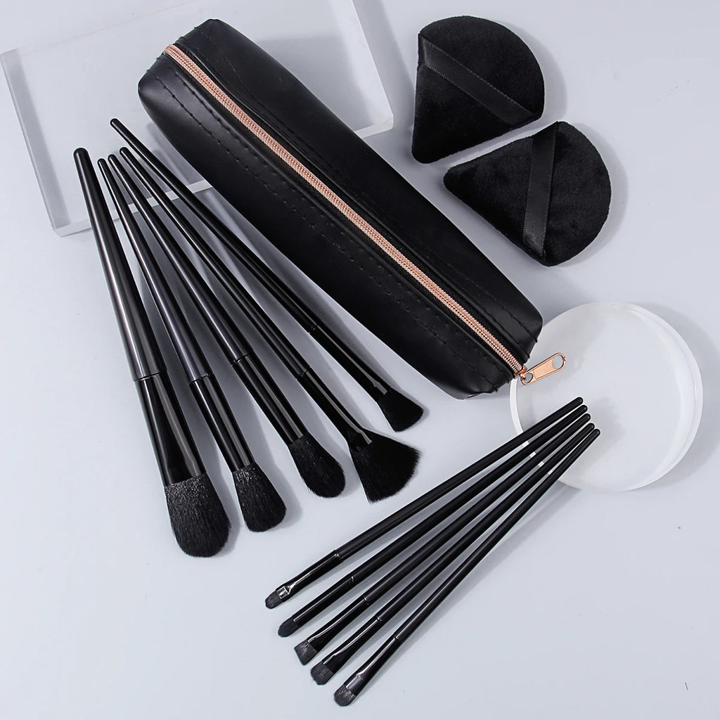 13-Pc Makeup Brush Set | Black Handle Soft Synthetic + 2 Puffs Makeup Brush Set QXL