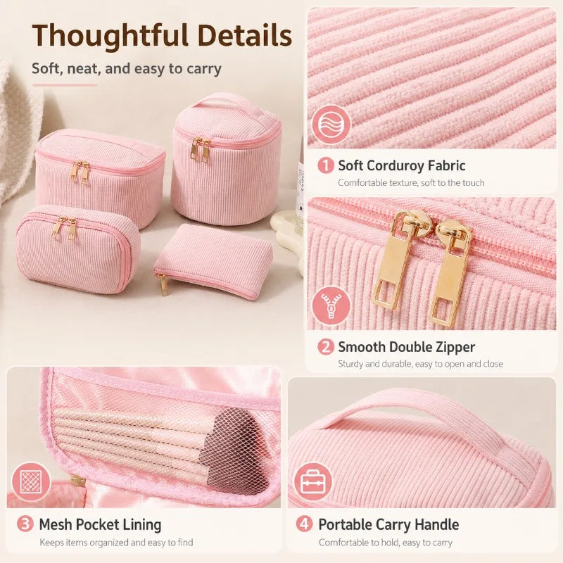 4-Piece Corduroy Cosmetic Bag Set | Travel Makeup Organizer Cosmetic Bag Set QXL