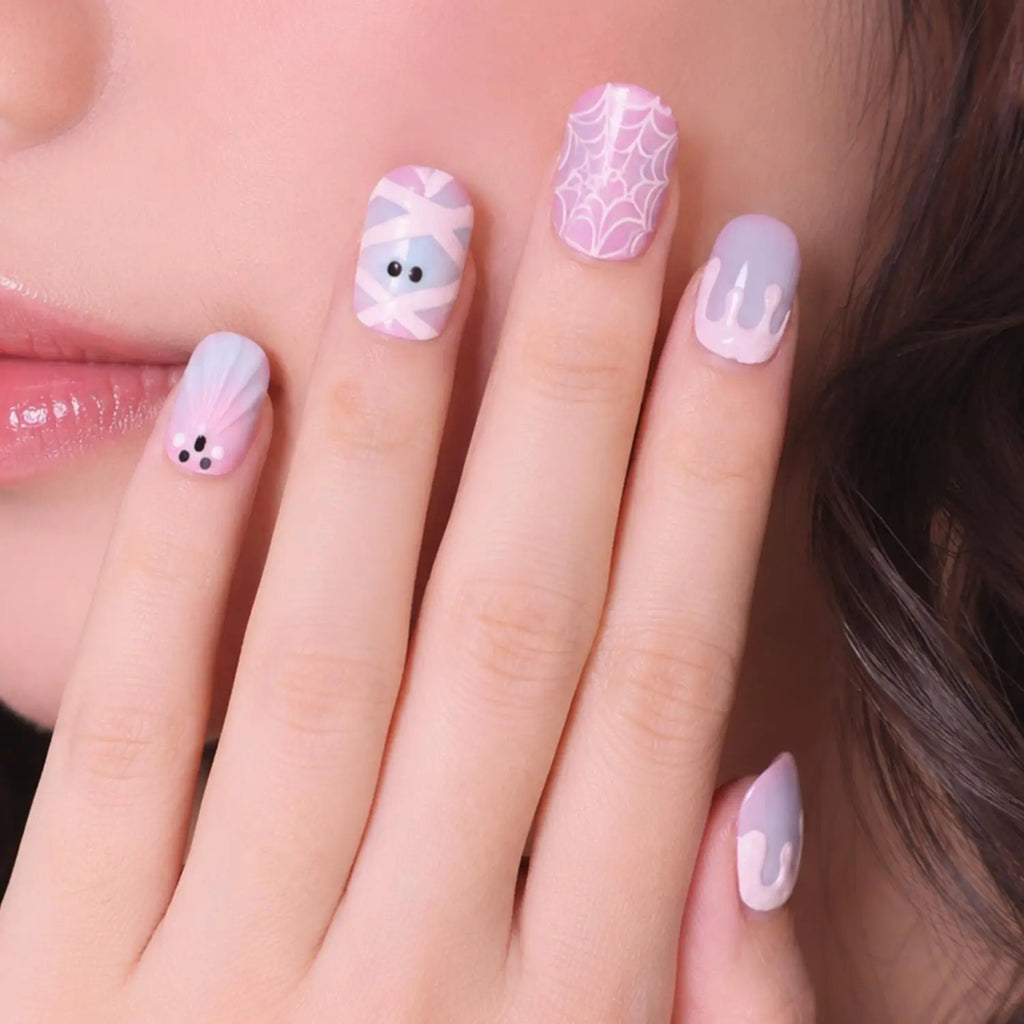 24-Pc Halloween Press-On Nails | Ghost Cat-Eye Spider Web Press-On Nail Set QXL