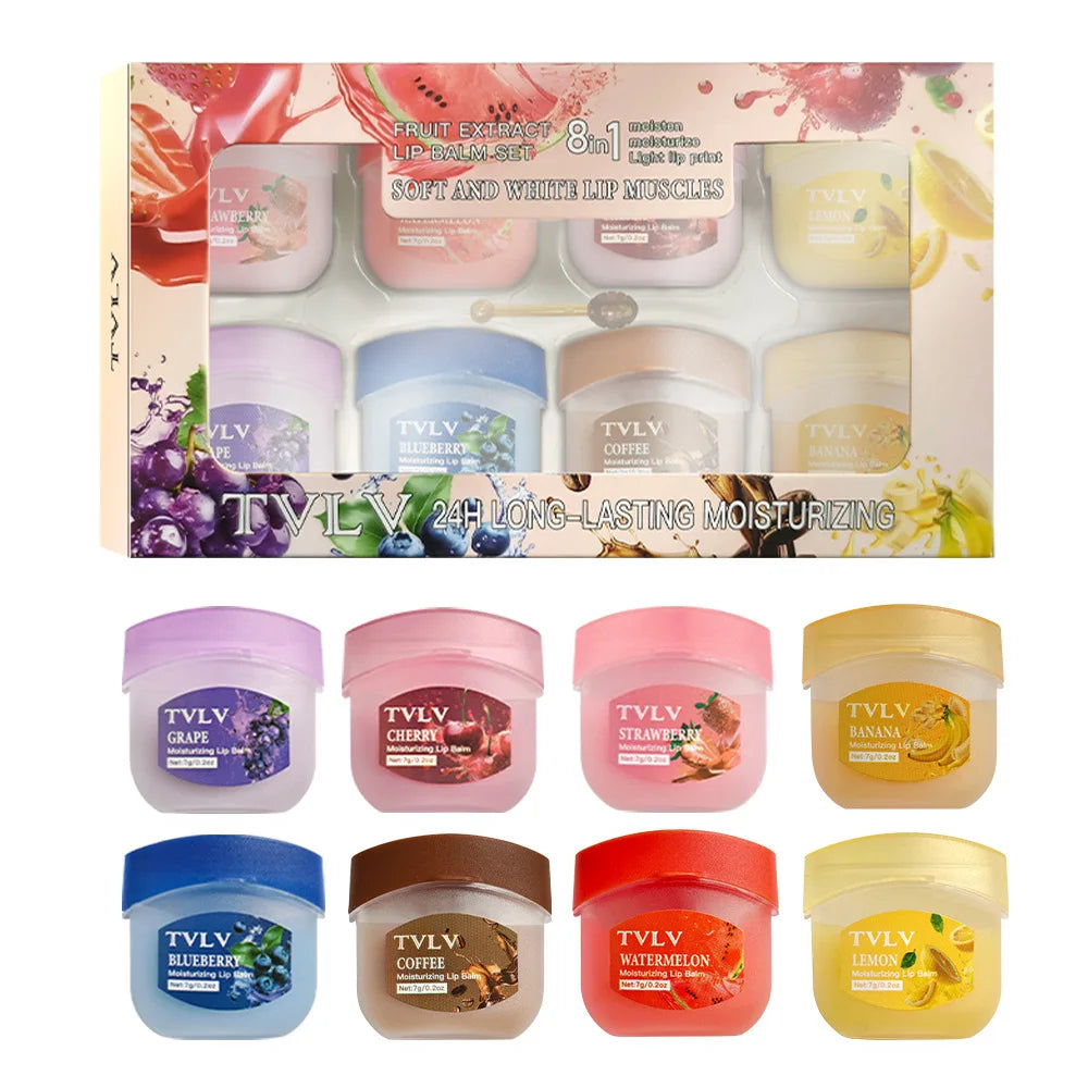 TVLV 8-Pc Fruit Lip Balm Set with Brush | Moisturizing Mini Jars Lip Balm Set QXL 9050