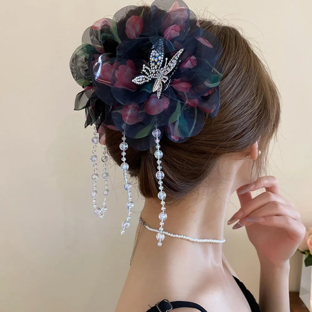 Flower Tassel Hair Claw Clip | Mesh Plastic Hairgrip Women Hair Claw Clip QXL Blue