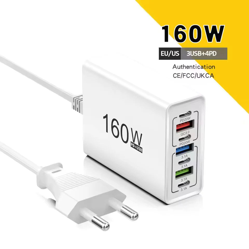 160W 7-Port USB-C Fast Charger QC3.0 | EU & US Wall Adapter Multi-Port Wall Charger QXL