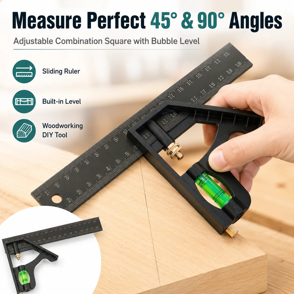 Adjustable Combination Square Ruler | 45° & 90° Bubble Level Combination Square Ruler QXL