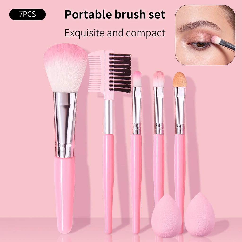 KOSSHOW 7-Pc Mini Makeup Brush Set with Eyeshadow Sponges Makeup Brush Set QXL Pink