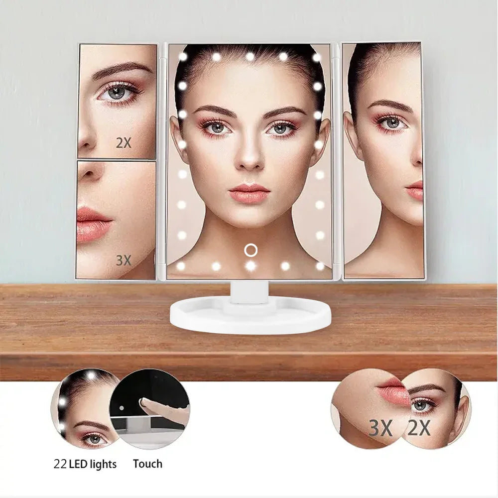 Lighted Trifold Makeup Mirror 1X 2X 3X Magnification Touch Lighted Vanity Mirror QXL