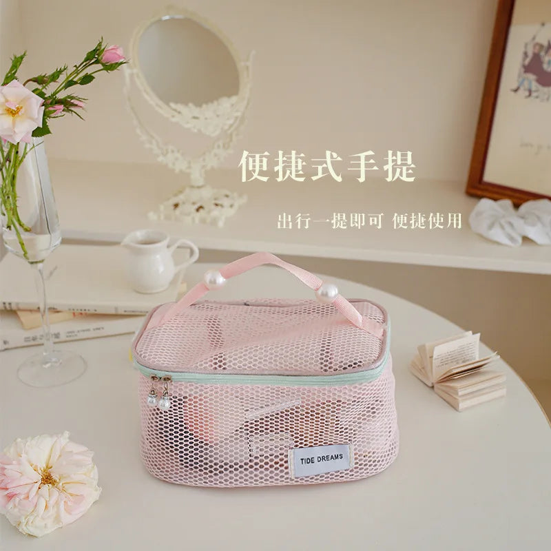Pearl Mesh Cosmetic Bag | Travel Makeup Organizer Zipper Pouch Cosmetic Bag QXL