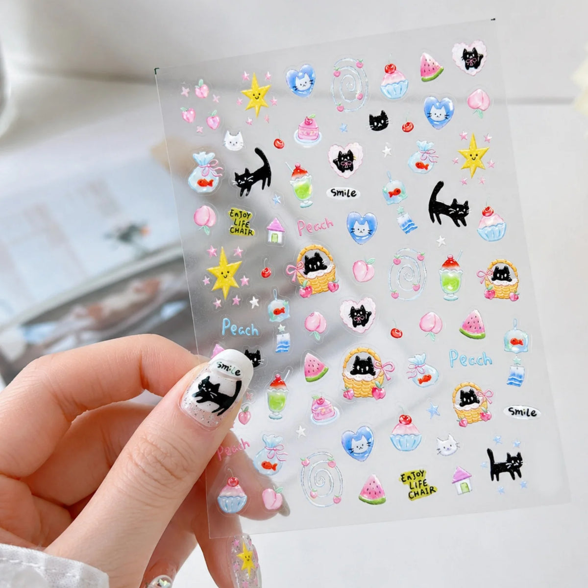 5D Cartoon Nail Stickers – Peach Cat Watermelon Self-Adhesive Nail Art Stickers QXL