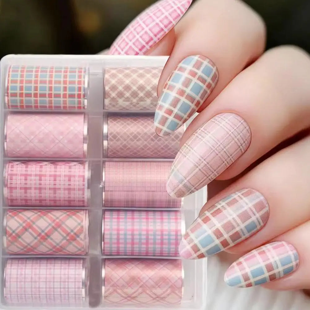 10-Pack Pink Plaid Nail Art Transfer Foils | DIY Manicure Decals Nail Transfer Foils QXL