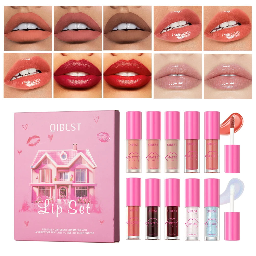 QIBEST 10-Pc Lip Set | Matte Gloss, Tint, Lip Oil Combo Lip Makeup Set QXL