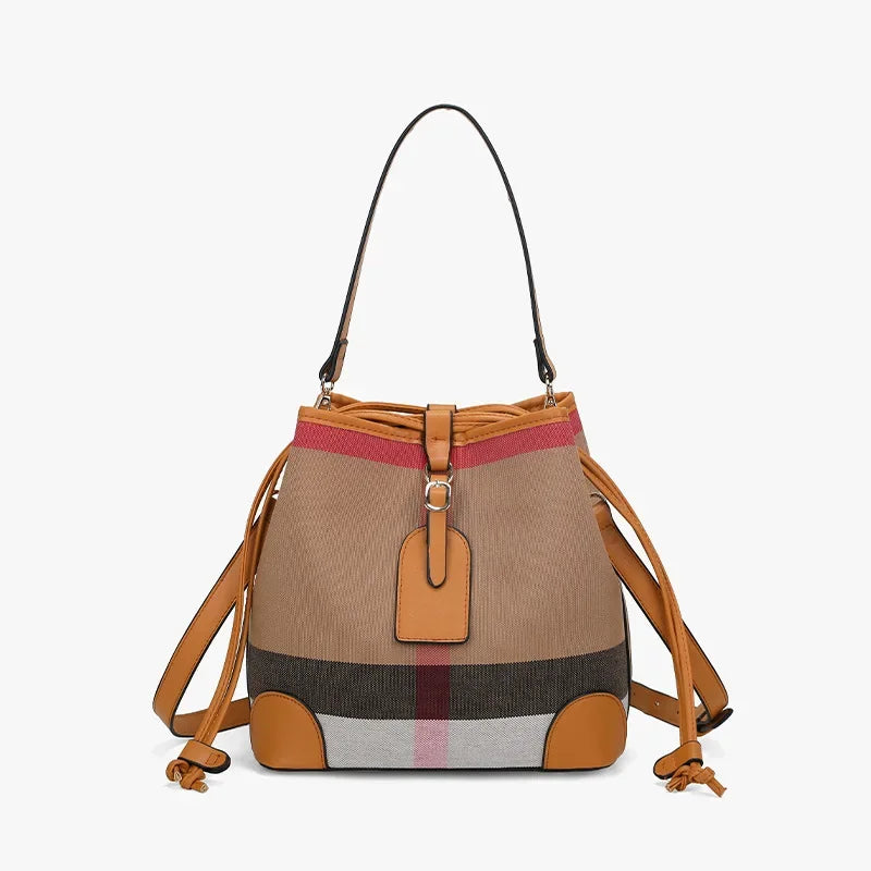 Canvas Plaid Drawstring Bucket Bag | Women's Handbag Canvas Bucket Bag QXL