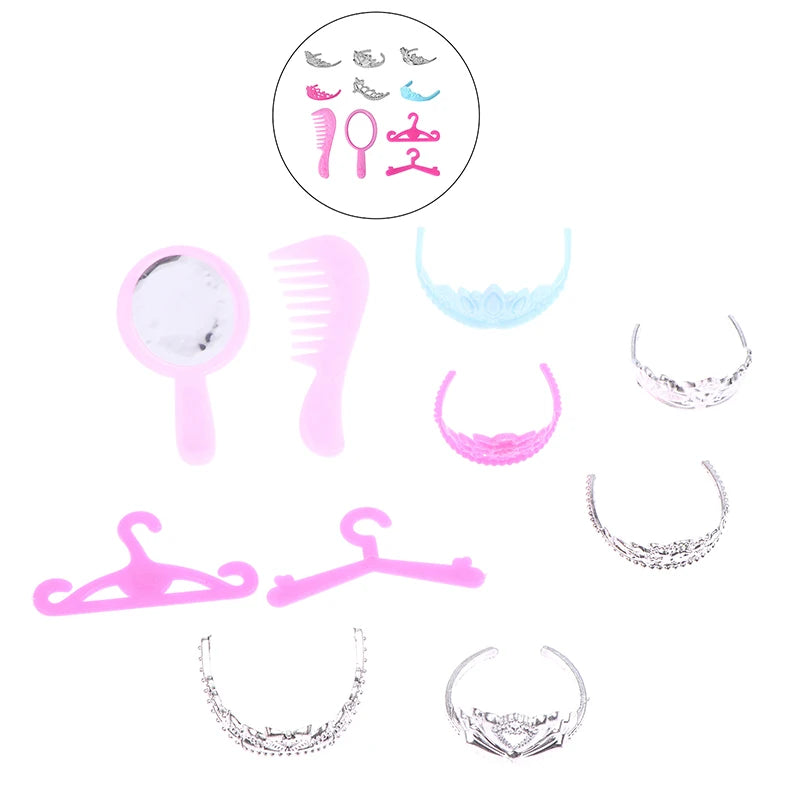 10-Pc Dollhouse Princess Jewelry Set – Crown, Necklace & Bracelet Doll Jewelry Set QXL A4