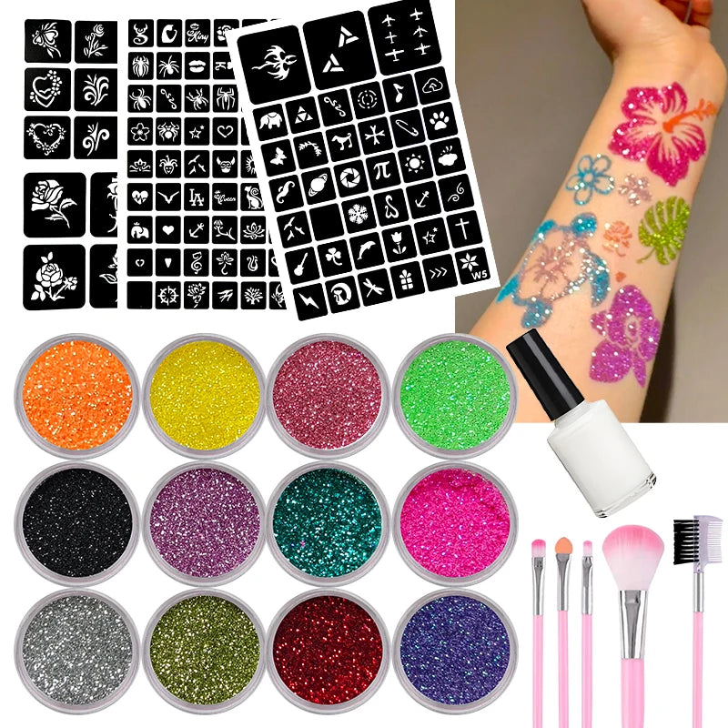 12-Shade Glitter Temporary Tattoo Kit | Stencils & Glue Temporary Tattoo Kit QXL