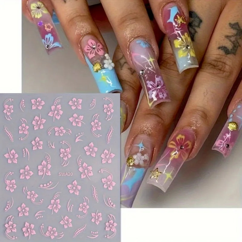 Hibiscus Flower Nail Art Stickers | Sparkle Decals for DIY Nails Nail Art Stickers QXL Pink