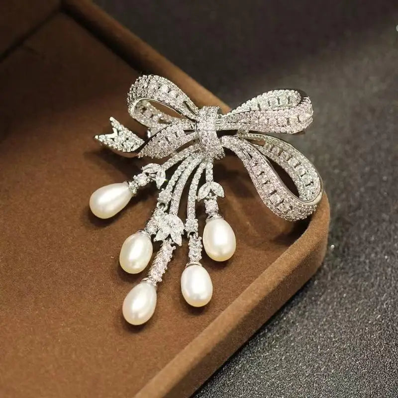 Zircon Pearl Bowknot Tassel Brooch Pin | Women's Corsage Brooch Pin QXL