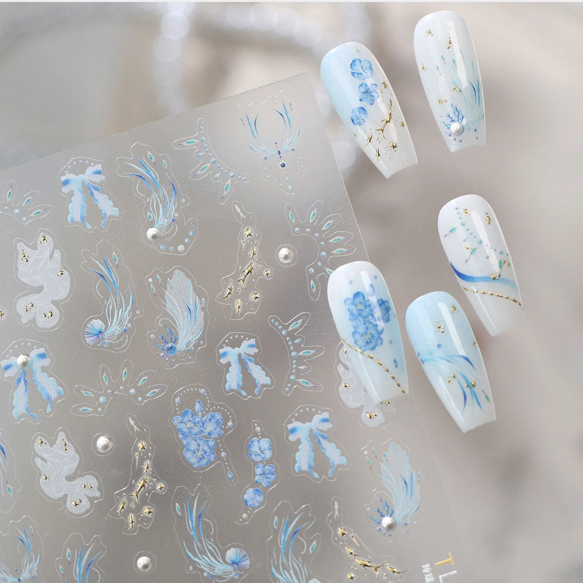 5D Blue Floral Nail Stickers | Pearl & Feather Self-Adhesive Decals Nail Art Stickers QXL