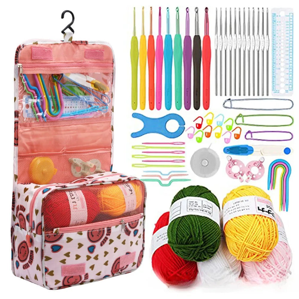 59-Piece Crochet Hook Set with Portable Hanging Storage Bag Crochet Hook Set QXL Pink smiling face