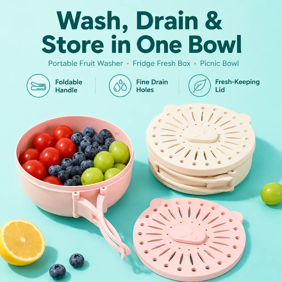 Foldable Fruit Washing Bowl with Drain Lid | PP5 Basket Fruit Washing Bowl QXL