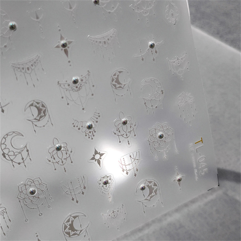 White Hollow Moon Nail Stickers | Pearl Rhinestone Decals Nail Art Stickers QXL
