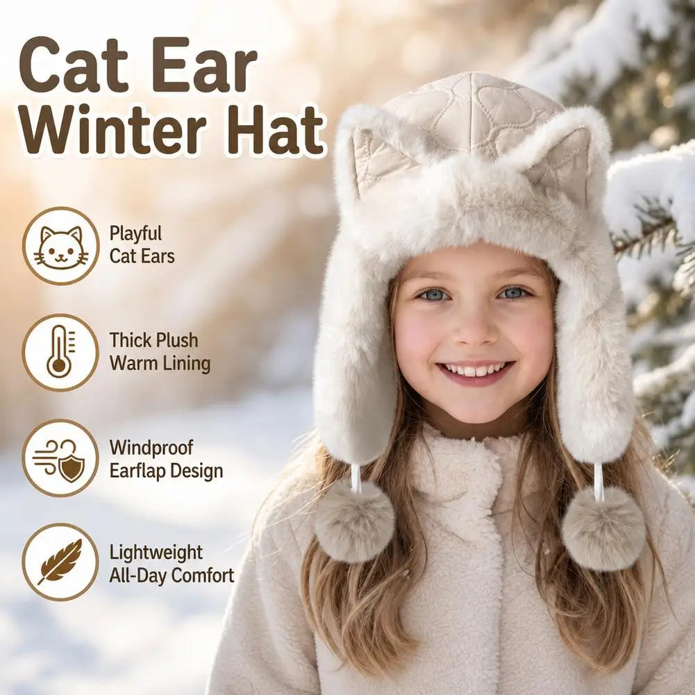 Women's Fleece Cat Ear Winter Hat with Earflaps & Pom-Poms Winter Earflap Hat QXL
