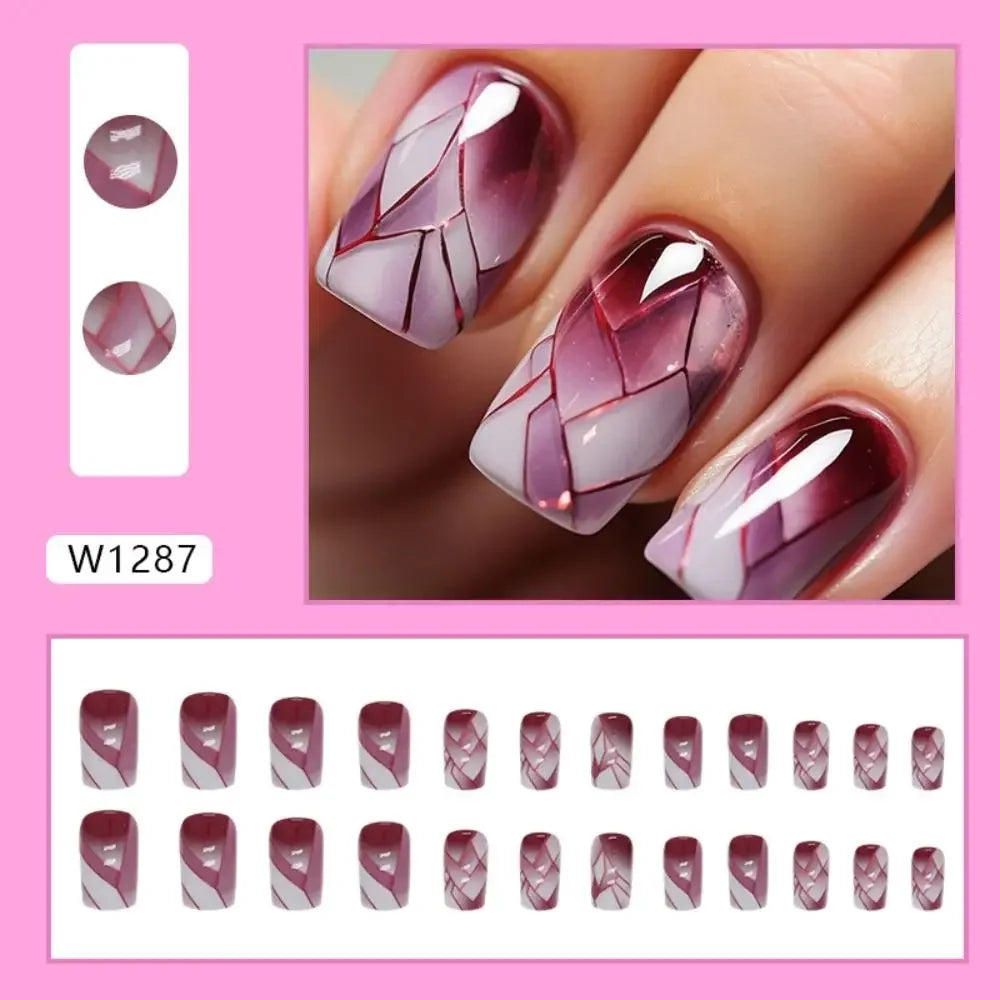 Long Square Press-On Nails Aurora Purple French Heart Design Press-On Nail Tips QXL