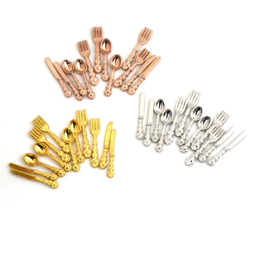 12-Pc 1:12 Dollhouse Miniature Metal Tableware | Fork Knife Spoon Dollhouse Miniature Set QXL